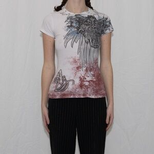 Y2k graphic rhinestone baby tee with wings size small angels & diamonds cotton